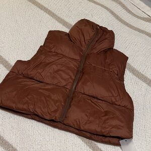Women's Brown Puffer Vest with High Collar - Sleeveless Zip Front